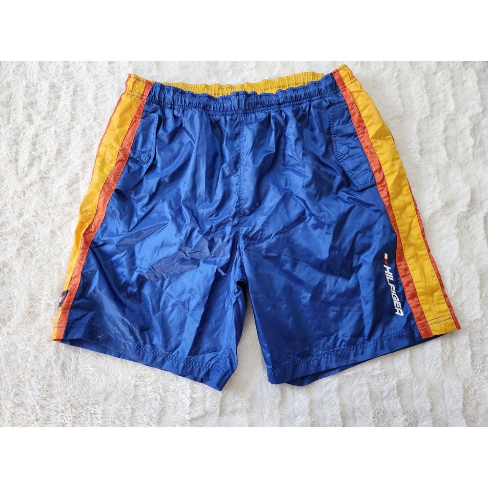 Tommy Hilfiger Swim Trunks Lined Vintage Blue Orange Yellow Mens Large Drawstrin